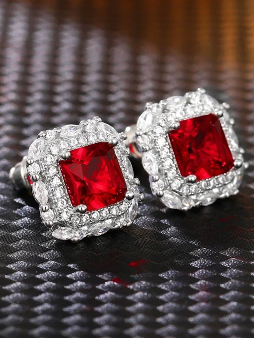 18k White Gold Ruby Red Diamond Earrings Square Princess Cut Earrings